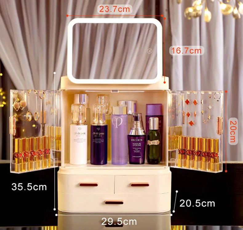 Boîte de Rangement Maquillage Luxe avec Miroir LED - Organisateur