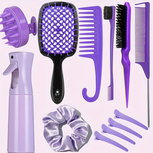 Kit Pro 12-en-1 pour Salon : Brosses en Silicone, Peignes Précision, Vaporisateur & Accessoires Essentiels pour un Coiffage Parfait!