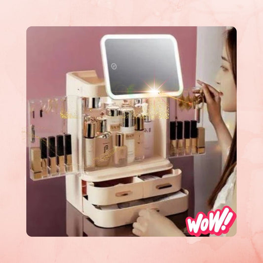 Boîte de Rangement Maquillage Luxe avec Miroir LED - Organisateur