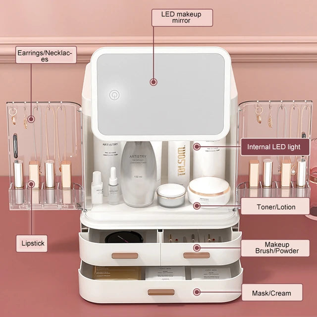 Boîte de Rangement Maquillage Luxe avec Miroir LED - Organisateur