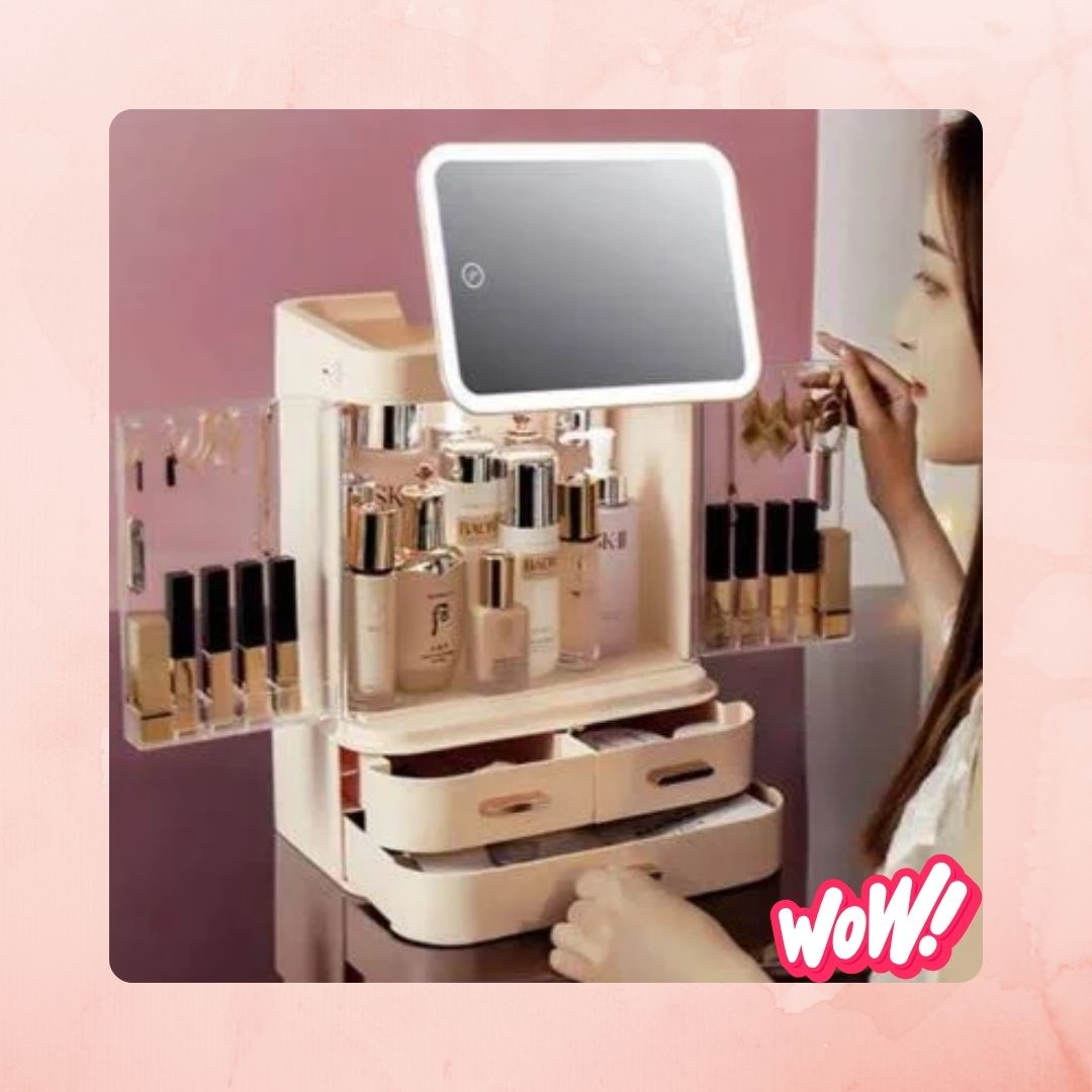 Boîte de Rangement Maquillage Luxe avec Miroir LED - Organisateur